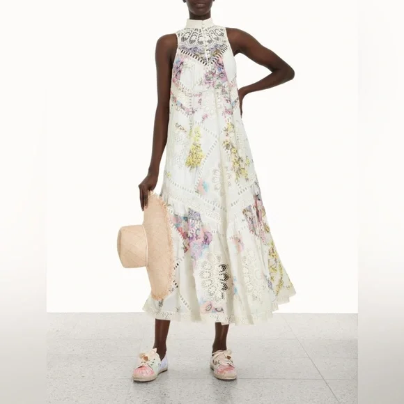 zimmermann jude lace trim swing dress Zimmermann Cream Floral Print Lace Trim Jude Swing Dress M